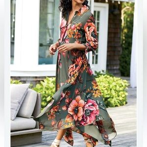 Soft Surroundings Provencia Floral Multicolor Handkerchief Hem Midi Shirt Dress